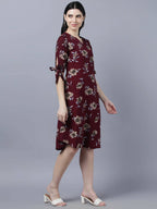 Myshka Women Burgundy Beige Floral Print A-line Dress - Distacart