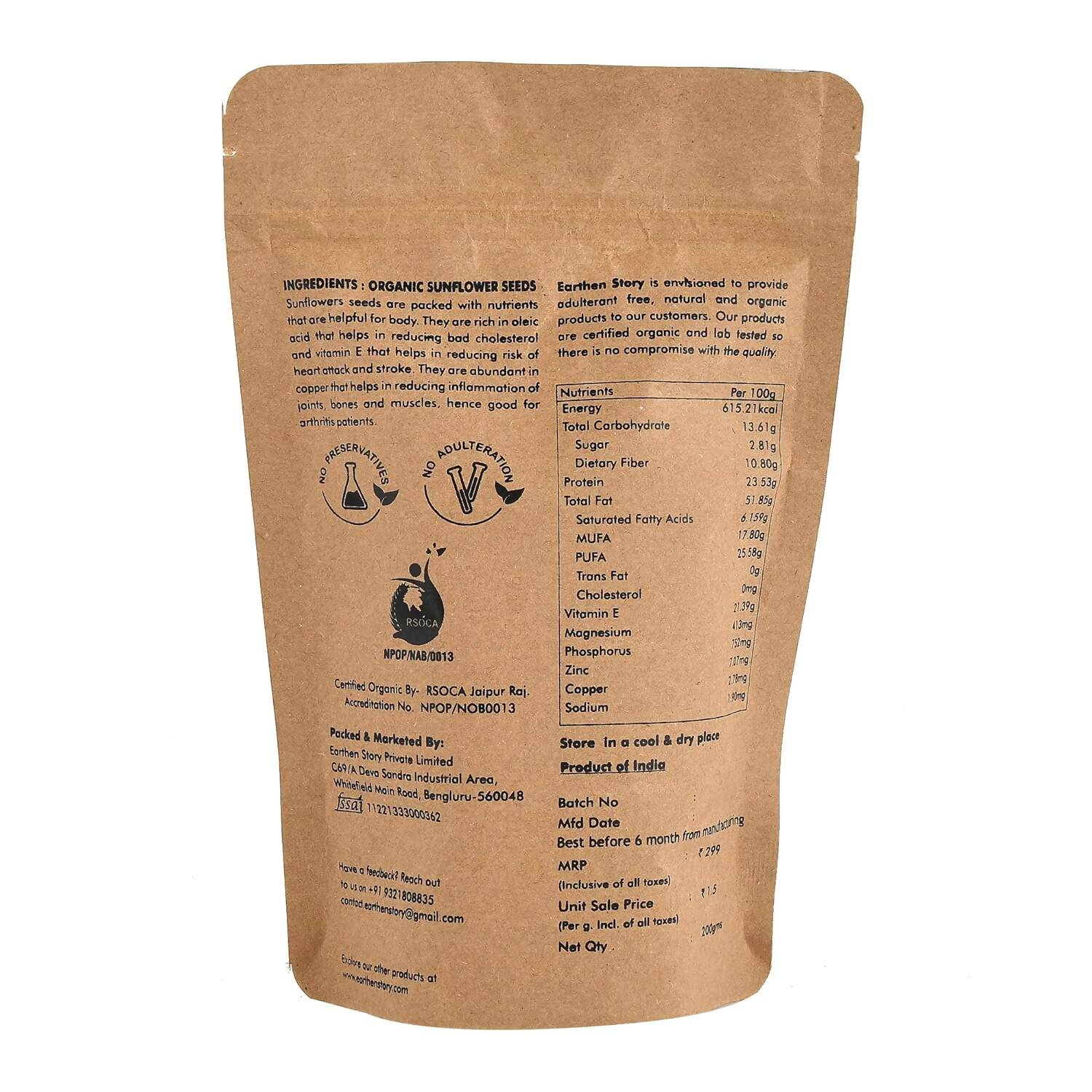 Earthen Story Certified Organic Raw Sunflower Seeds - Distacart