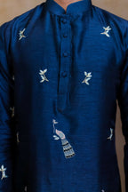Falling Raw Silk Navy Blue Neel Mayura Kurta Set By Hilo Design