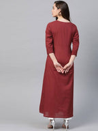 Yufta Women Rust Red & White Embroidered Mirror Work Yoke Design Cotton A-Line Dress