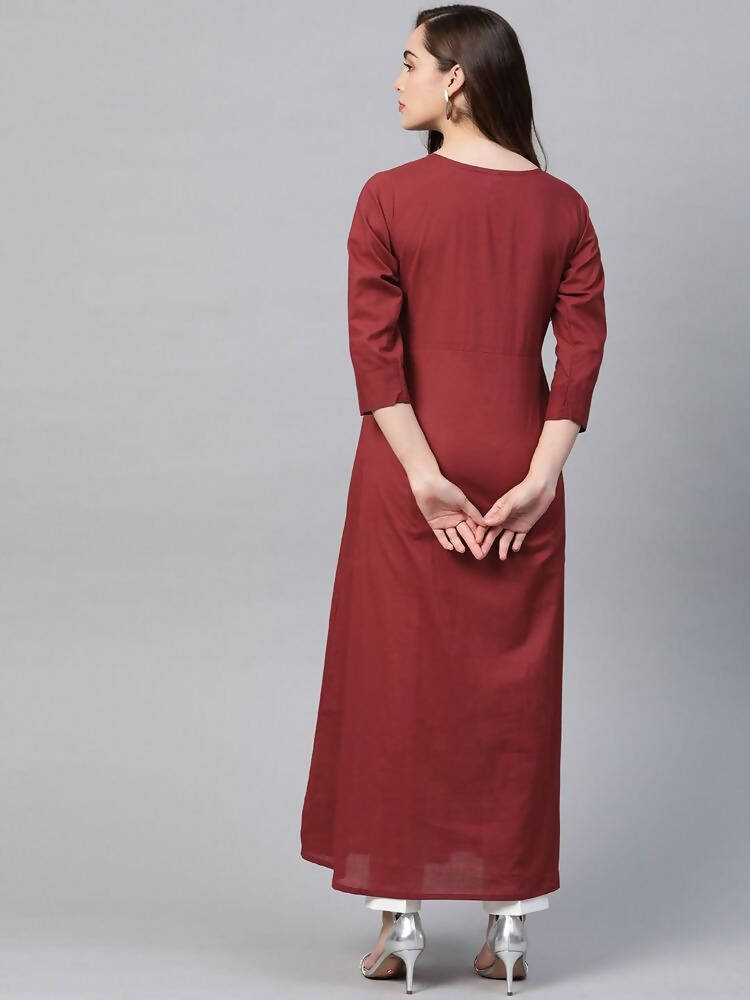 Yufta Women Rust Red & White Embroidered Mirror Work Yoke Design Cotton A-Line Dress
