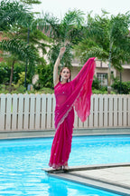 Vastranavya Pink Embroidery Work Shimmer Chiffon Saree with Unstitched Blouse - Distacart