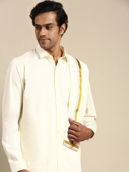 Ramraj Cotton Premium Wedding Cream Regular Dhoti, Shirt & Towel Set Golden Reward