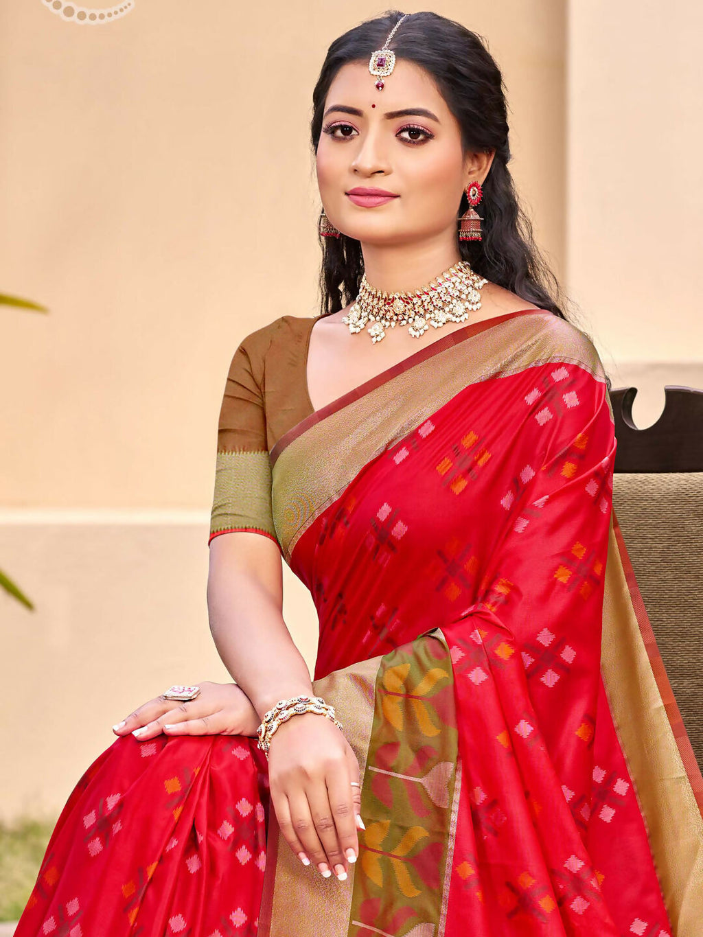 Shree Shyam Fashion Pochampalli Silk Red Saree - Distacart