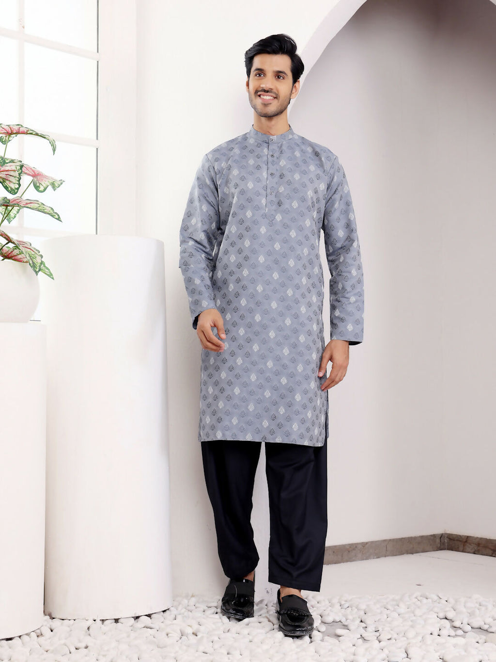 Blue Viscose Woven Jacquard Work Men's Kurta - Mahotsav