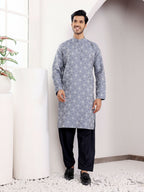 Blue Viscose Woven Jacquard Work Men's Kurta - Mahotsav
