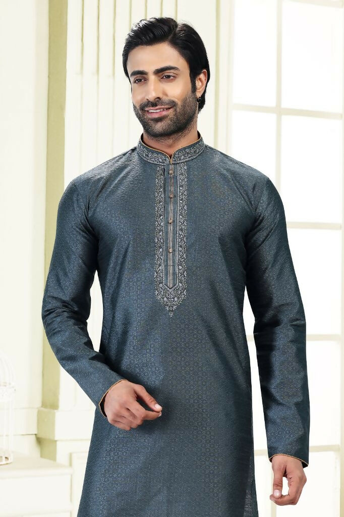 Raivat Ethnic Jacquard Banarasi Silk Thread Work Kurta Pajama In Grey Colour - Distacart