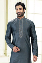 Raivat Ethnic Jacquard Banarasi Silk Thread Work Kurta Pajama In Grey Colour - Distacart