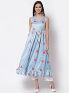 Myshka Cotton Printed Sleeveless Round Neck Multicolor Casual Women's Dress