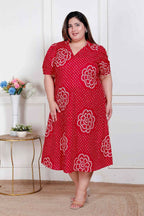Miravan Plus Size Womens Red Bandhani Printed Collar Neck Maxi Dress - Distacart