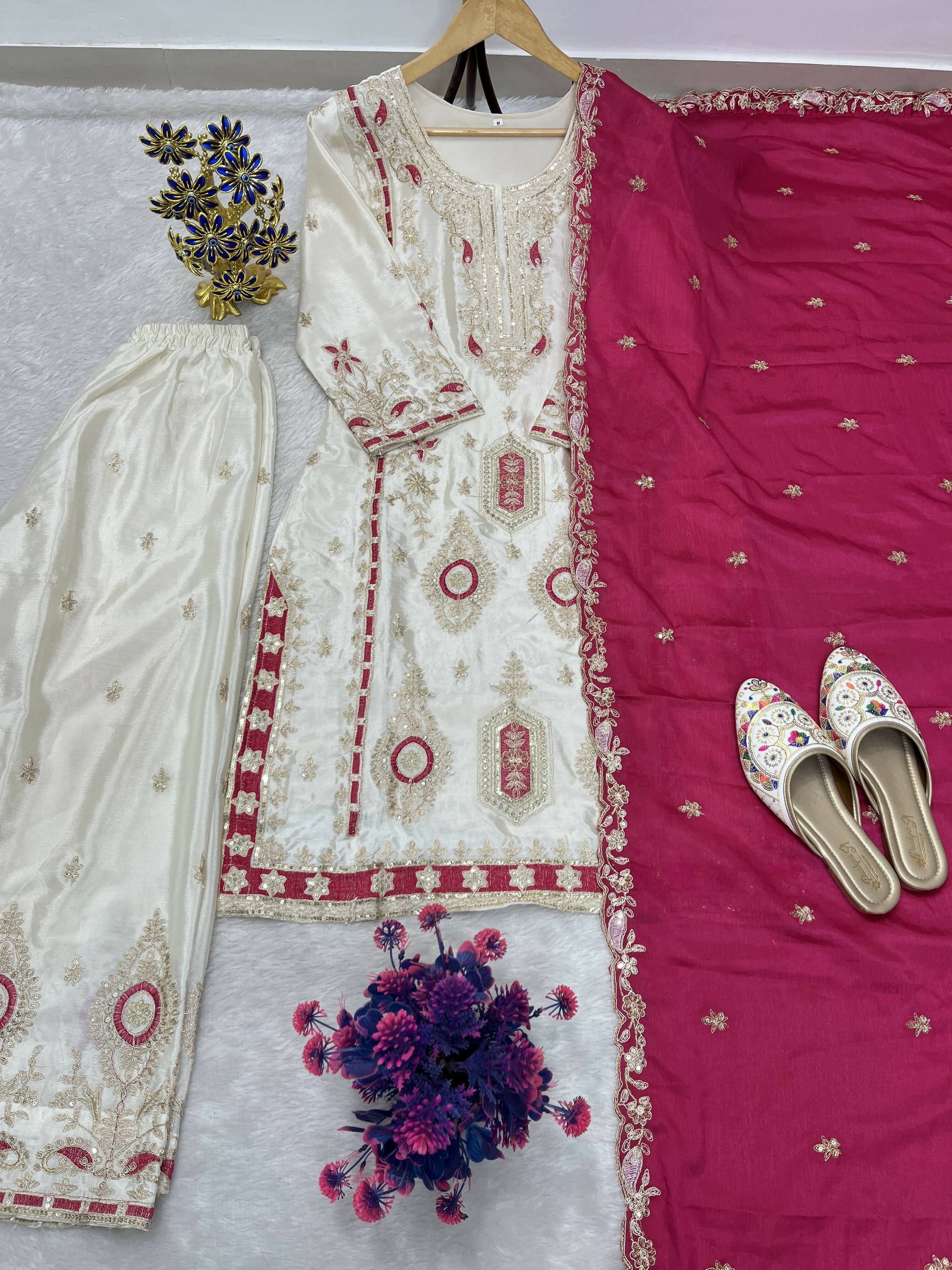 Teeya Creation White Color Chinon Silk Party Wear Trending Palazzo Set - Distacart