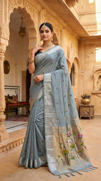 Vastranavya Sky Blue Muga Cotton Meenakari & Munia Weaving Pallu Saree with Contrast Blouse - Distacart