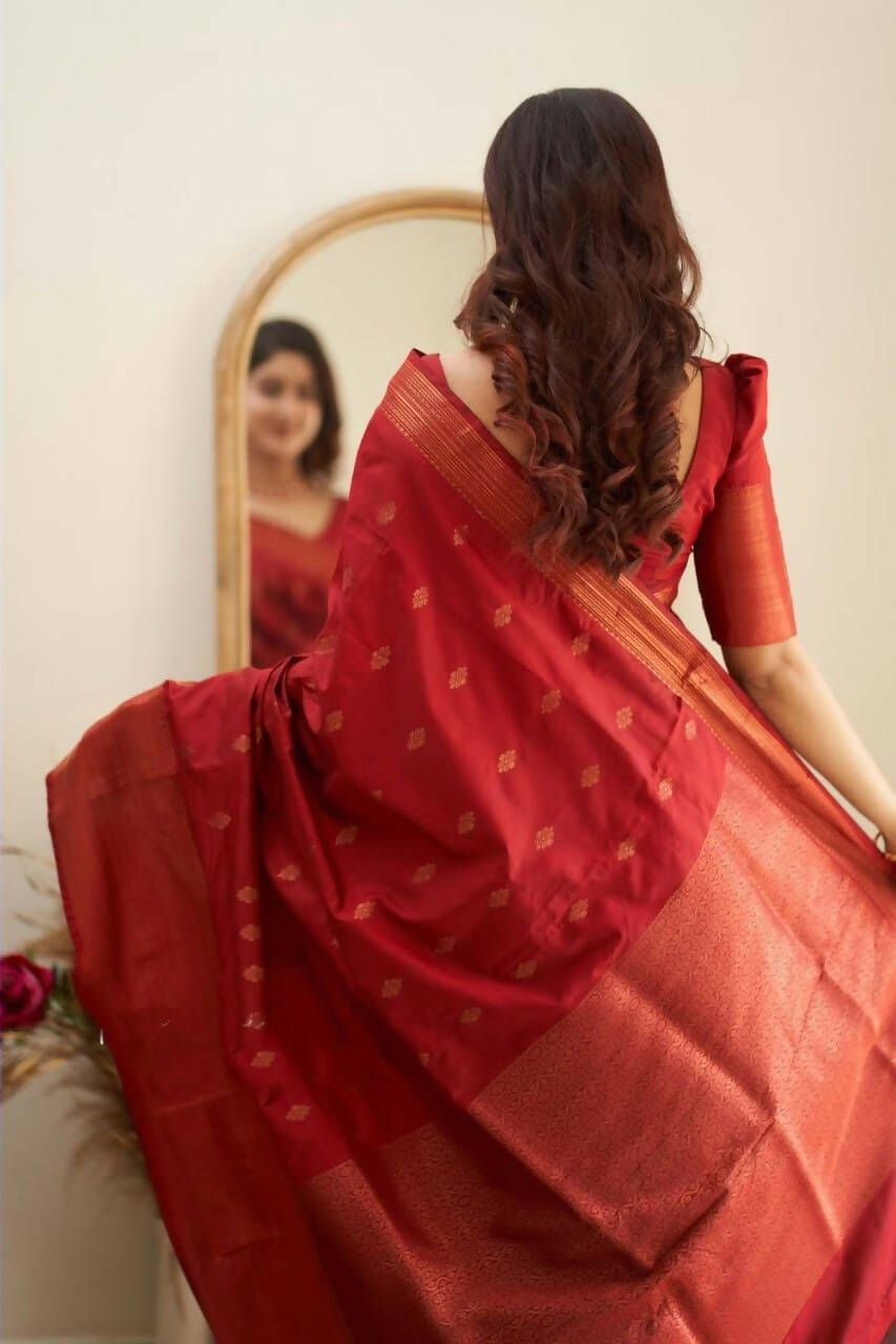 DEIANA'S Beautiful Designer Golden zari Soft Lichi Silk Saree - Red