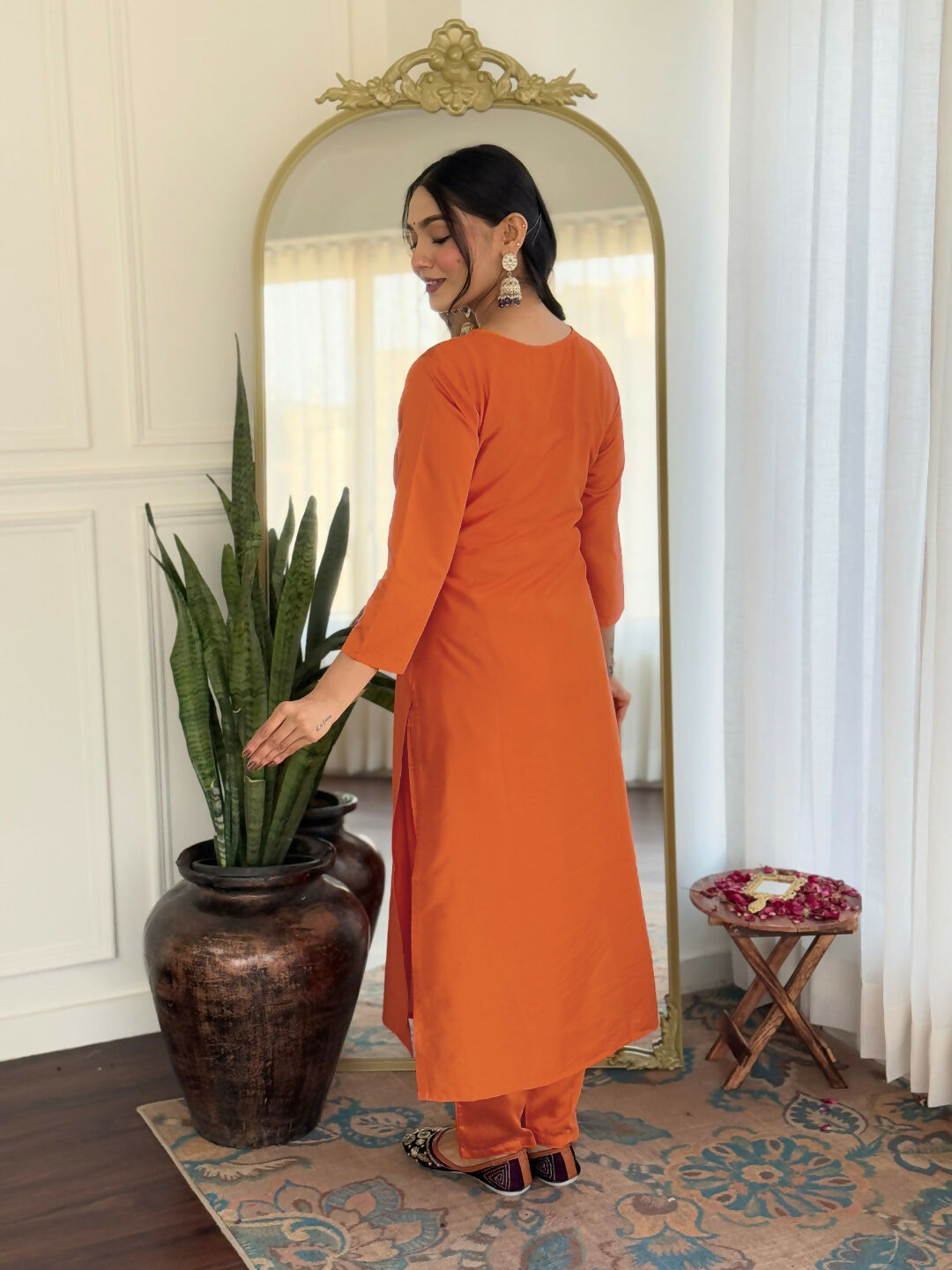 The52 Orange Women's Gorgeous Embroidered Rayon Fabric with Straight Kurta, Pant and Dupatta Set - Distacart