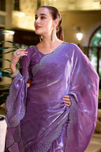 Vastranavya Lavender Embroidery Work Shimmer Chiffon Saree with Unstitched Blouse - Distacart