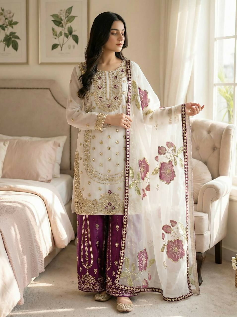 Teeya Creation Wine Gimmy Silk Designer Embroidery Work Wedding Wear Palazzo Pair - Distacart