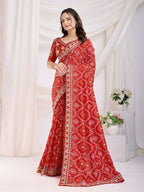 Maroon Vichitra Silk Bandhani Printed, Embroidery Work Saree - Ditya