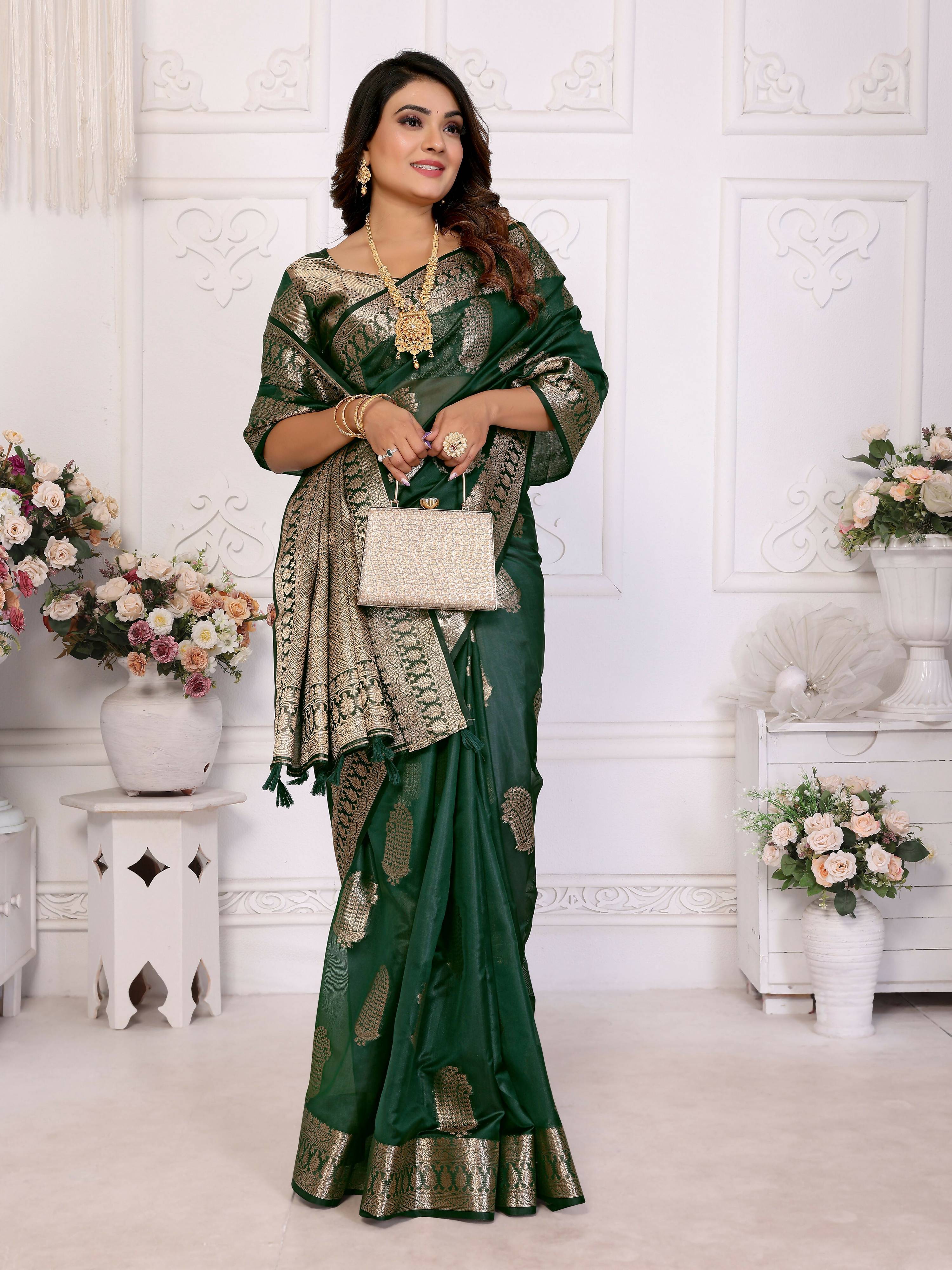 Aastha Fashion Green Soft Organza Silk Weaving Saree - Distacart