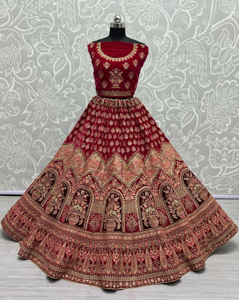 Jyoti Fashion Women's Rani Pink Velvet Multi Thread Embroidered with Zircon Diamond Wedding Lehenga Choli