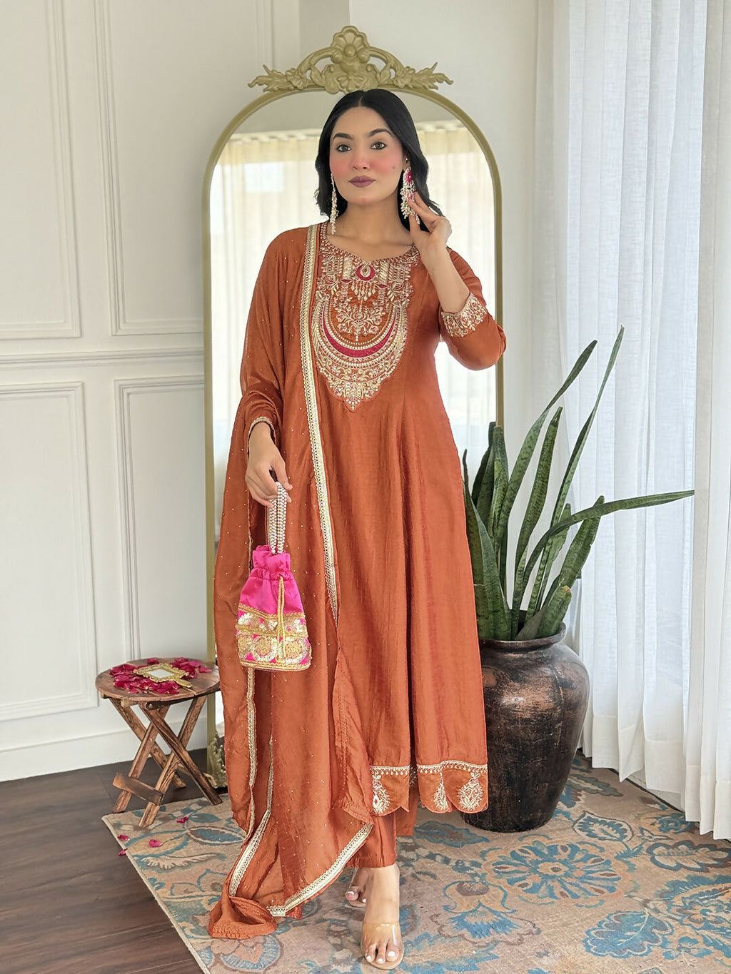 The52 Rust Women's Gorgeous Embroidered Vichitra Silk Fabric Flared Kurta, Pant and Dupatta Set - Distacart