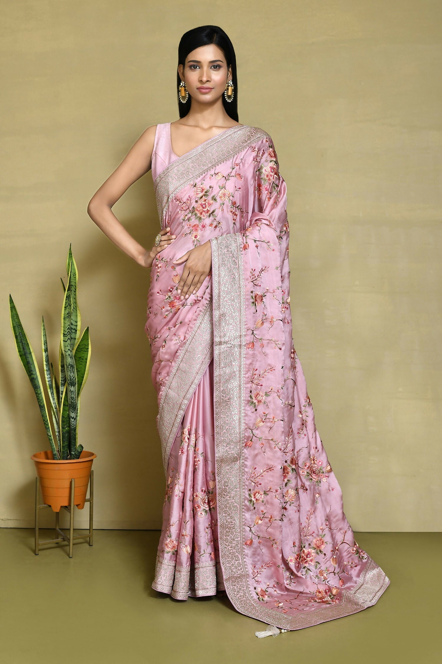 Pink Satin Silk Embroidered With Woven Design Border Festive Saree - Nimaya Denzy