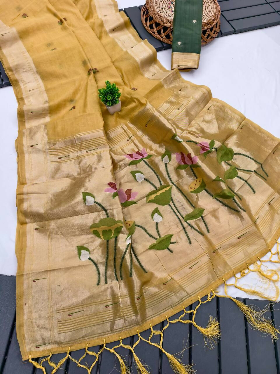 Vastranavya Yellow Muga Cotton Meenakari & Munia Weaving Pallu Saree with Contrast Blouse - Distacart