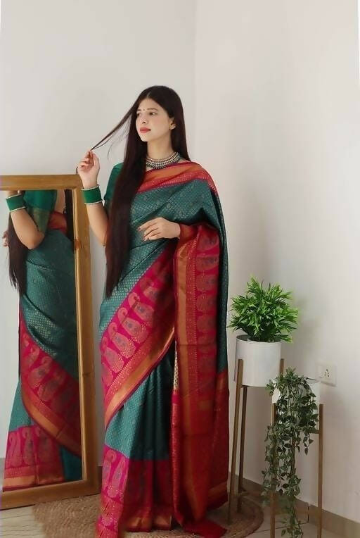 DEIANA'S Beautiful Designer Golden zari Soft Lichi Silk Saree - Blue