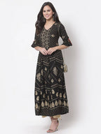 Myshka Women's Black Rayon Printed 3/4 Sleeve V Neck Casual Dress