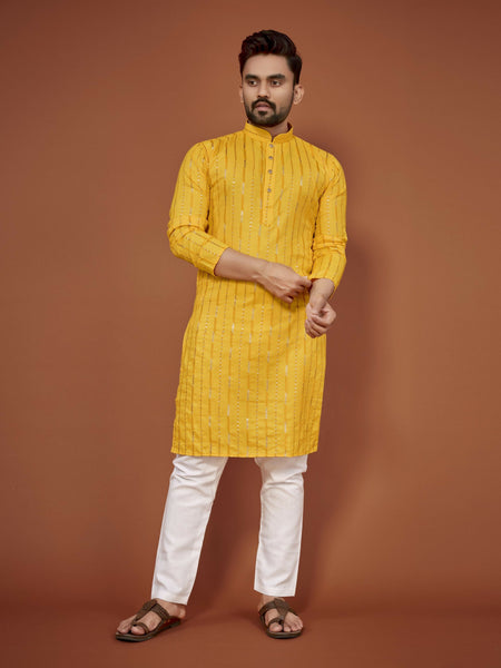 Anaita Yellow Embroidered Cotton Straight Kurta