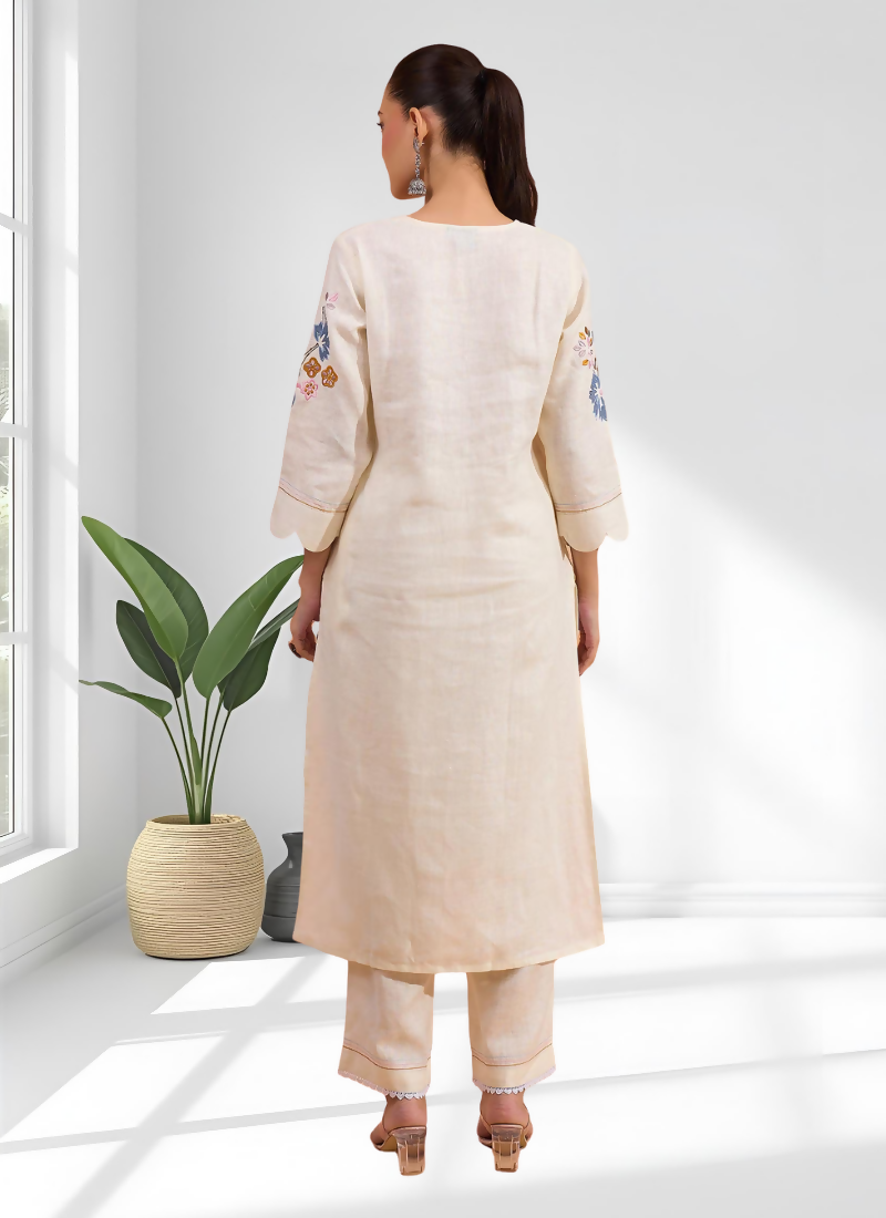 Joban Fashion Cream Linen Embroidered Readymade Long Kurta With Pant - Distacart