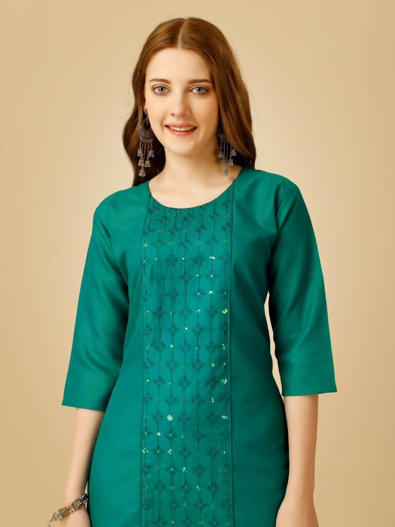 Jyoti Fashion Women's Rama Cotton Blend Embroidered Kurta Pant Set