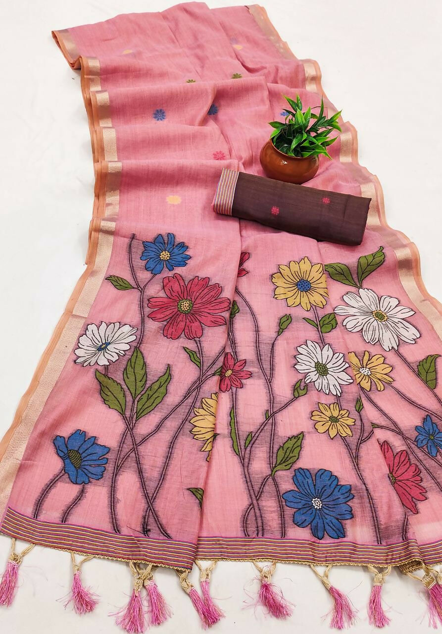Vastranavya Pink Muga Cotton Meenakari & Azarakh Pallu Saree with Contrast Blouse - Distacart