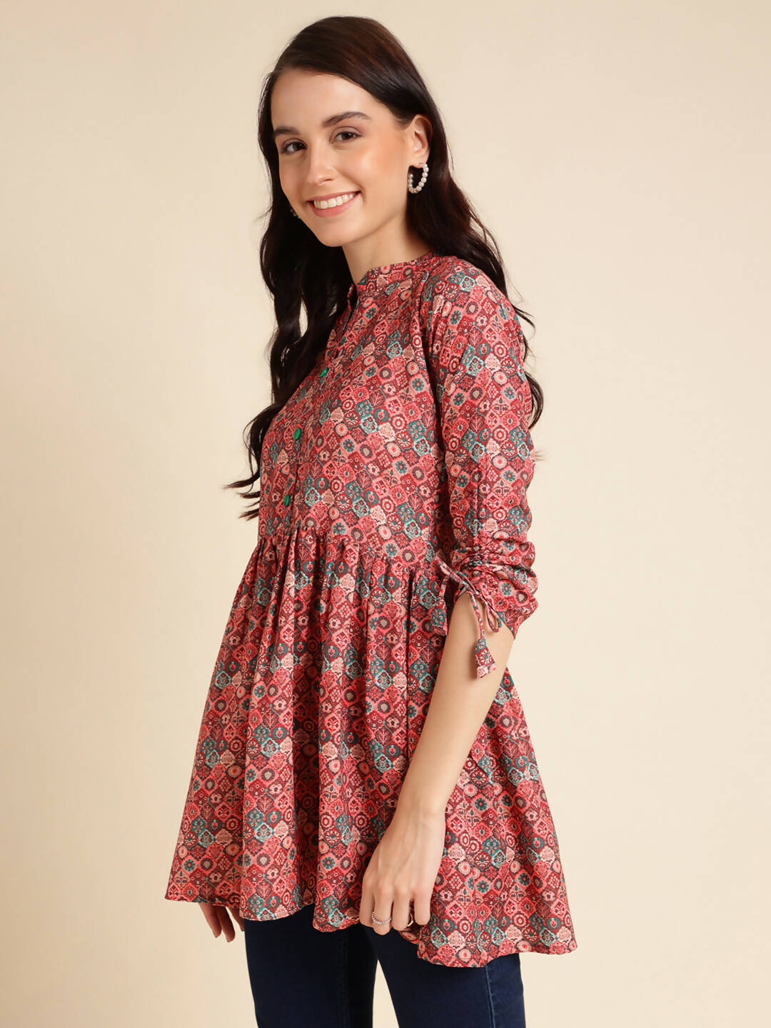 Red Poly Rayon Digital Printed A-line Top - Tarini