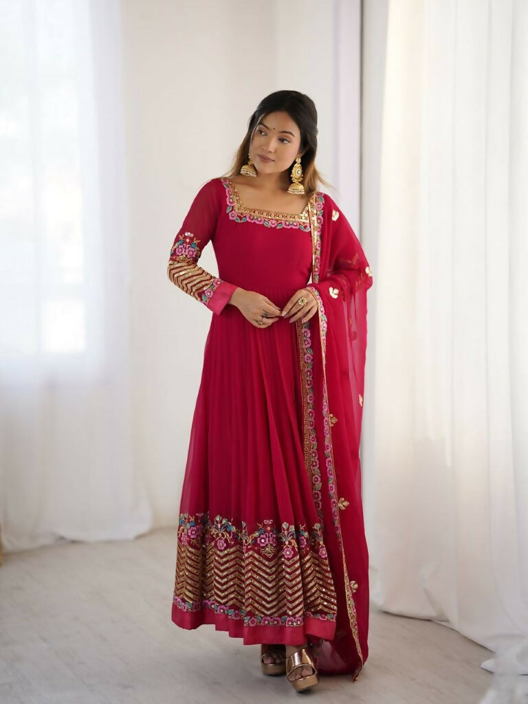 Teeya Creation Rani Color Heavy Georgette Wedding Wear Embroidery Work Long Gown - Distacart