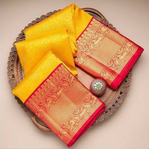 DEIANA'S Beautiful Designer Golden zari Soft Lichi Silk Saree - Yellow