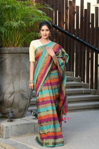 Beatitude Multicolor Cotton Stripes Golden Zari Saree