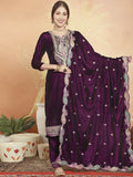 Jyoti Fashion Women's Wine Velvet Cording with Resham Thread & Sequin Kurta with Trouser & Dupatta