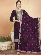 Jyoti Fashion Women's Wine Velvet Cording with Resham Thread & Sequin Kurta with Trouser & Dupatta