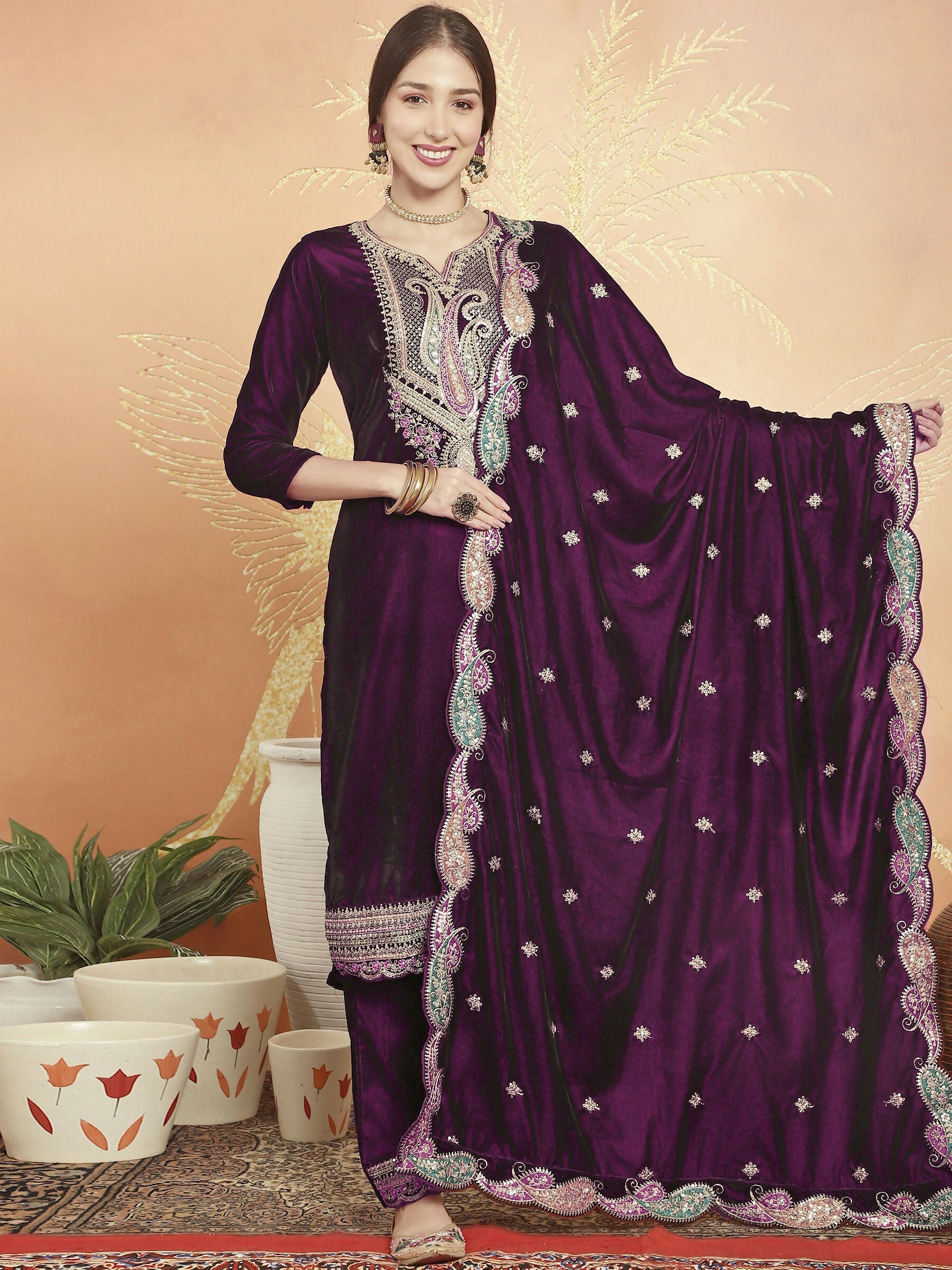Jyoti Fashion Women's Wine Velvet Cording with Resham Thread & Sequin Kurta with Trouser & Dupatta