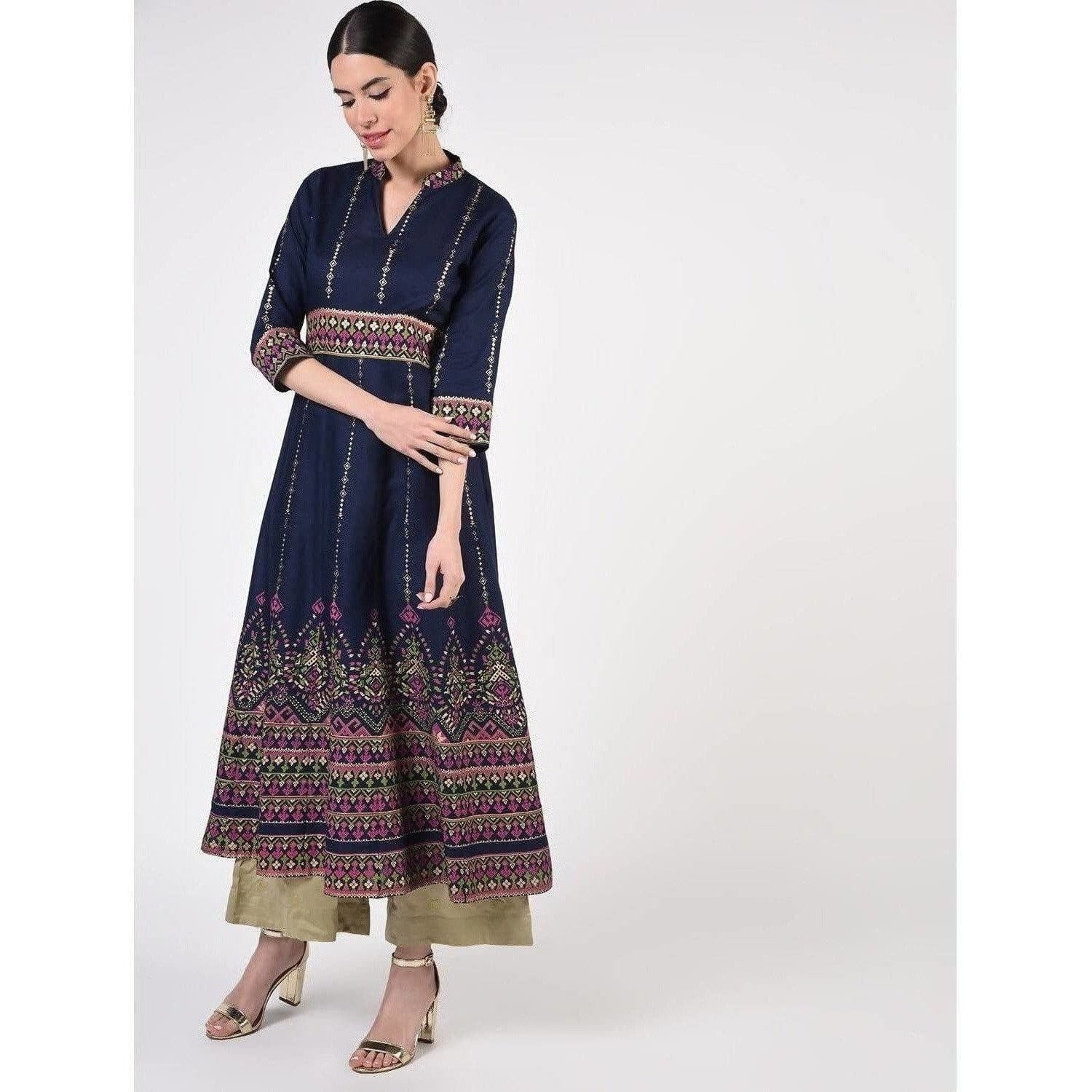 Cheera Women's Hand Block Print Ghagra Style Anarkali Kurta (CH036K)