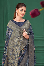 Blue Tussar Silk Jacquard Abstract Digital Print Saree with Unstitched Blouse - Mohira
