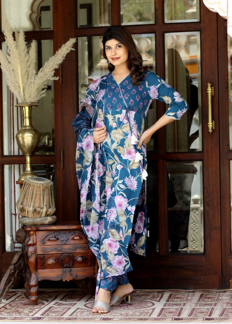 Miravan Women's Cotton Floral Angrakha Kurta And Palazzo With Dupatta Set