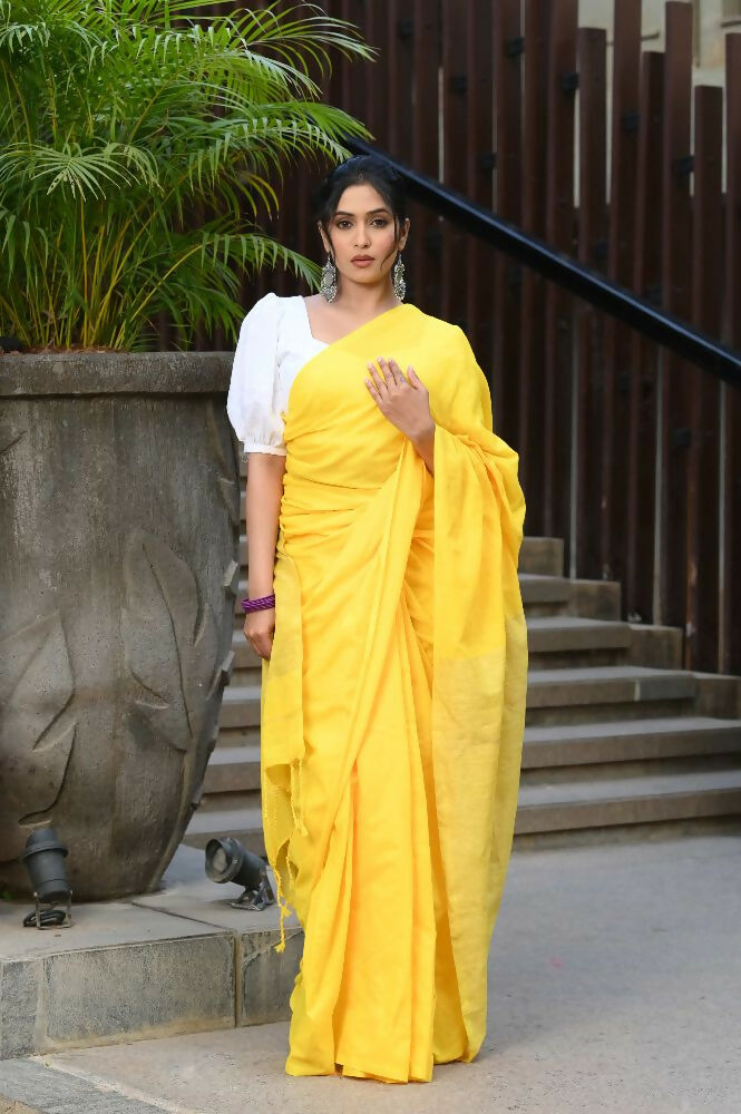 Beatitude Yellow Cotton Ghicha Pallu Saree