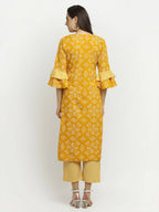 Rudra Bazaar Mustard Printed Bell Sleeve Straight Kurta with Striped Pyjamas - Distacart