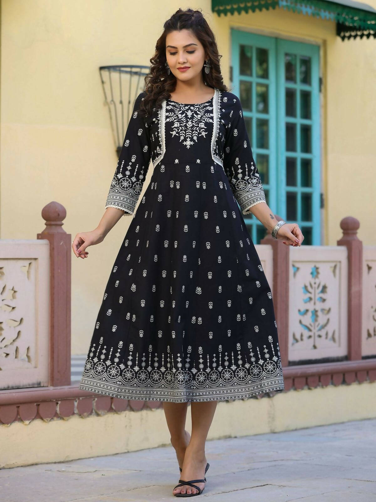 Juniper Women's Black Printed Anarkali Flared Dress - Distacart