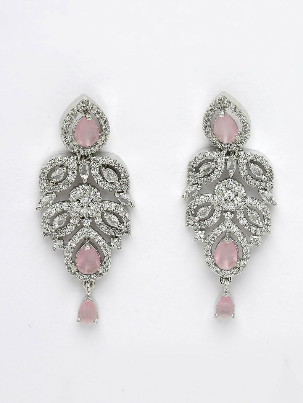 NVR Women's silver plated & Pink CZ stone handcrafted jewellery set