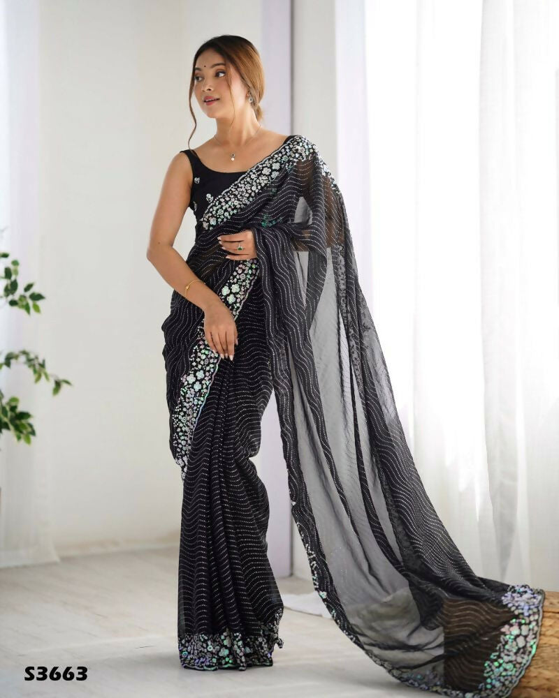Georgette Designer Sequance Embroidery Work Party Wear Saree - Black