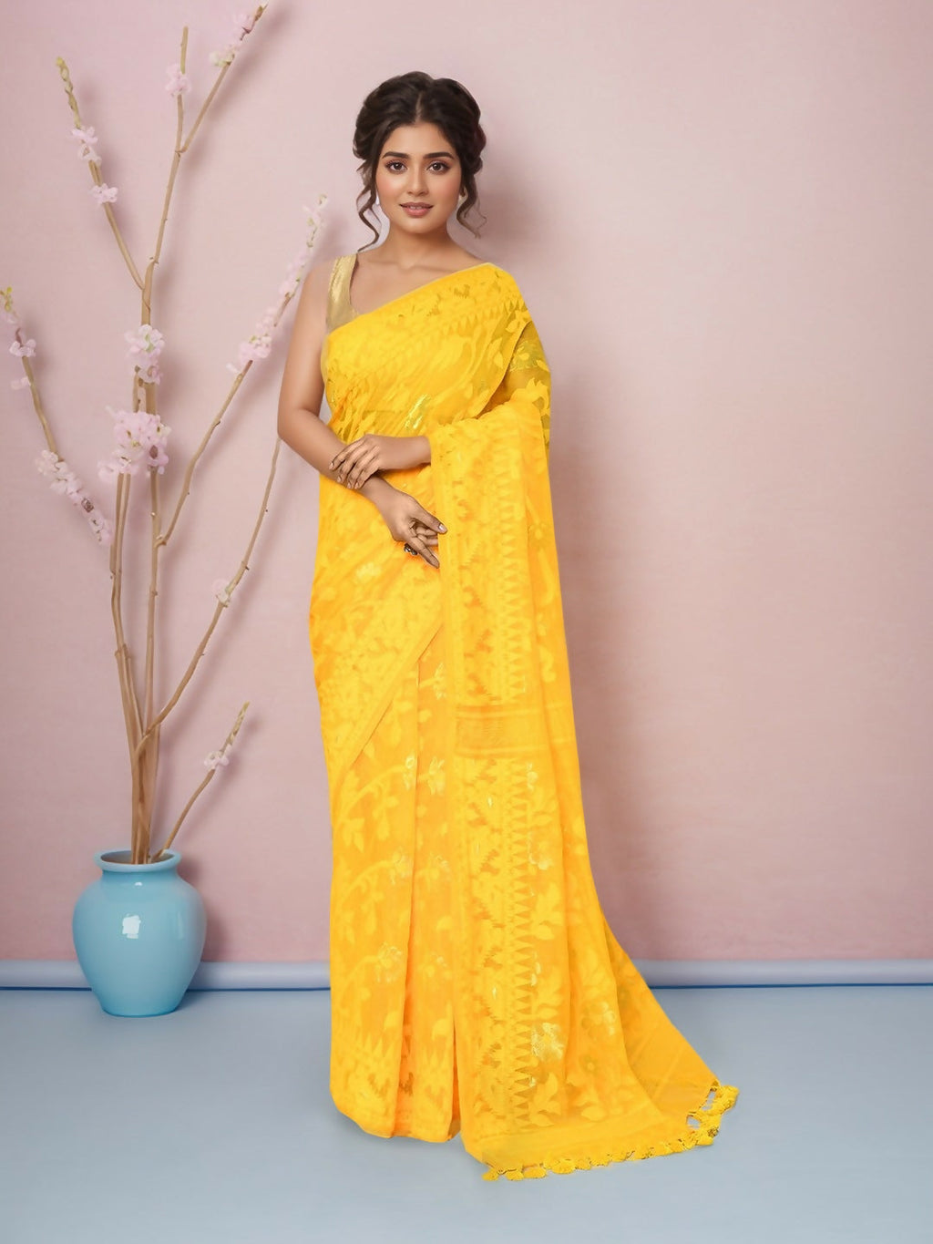 Joban Fashion Yellow Cotton Blend Jamdani Saree