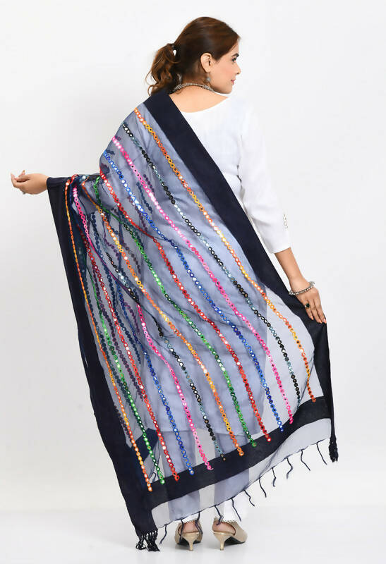 Mominos Fashion Moeza Women's Orgenza Multi Thread Mirror Work Navy Blue Dupatta - Distacart