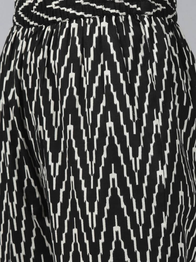 Yufta Women Black Ikat Printed Pure Cotton Kurta with Palazzo and Dupatta